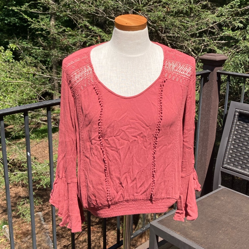 Express pink/salmon long sleeved top with crochet design sz. M*